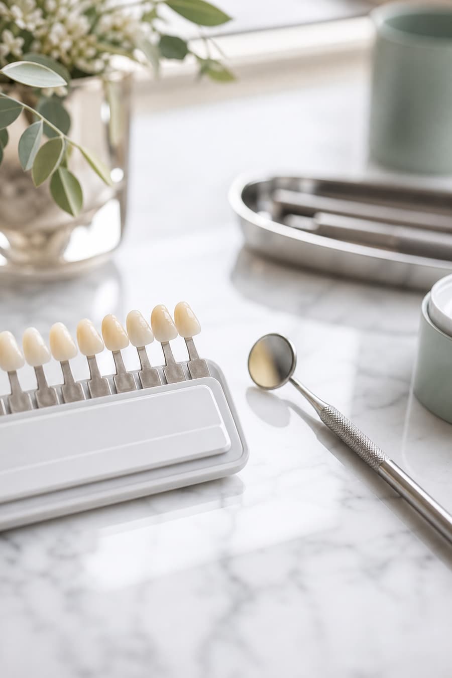 Cosmetic dentistry shade tabs and mirror on a clinical tray
